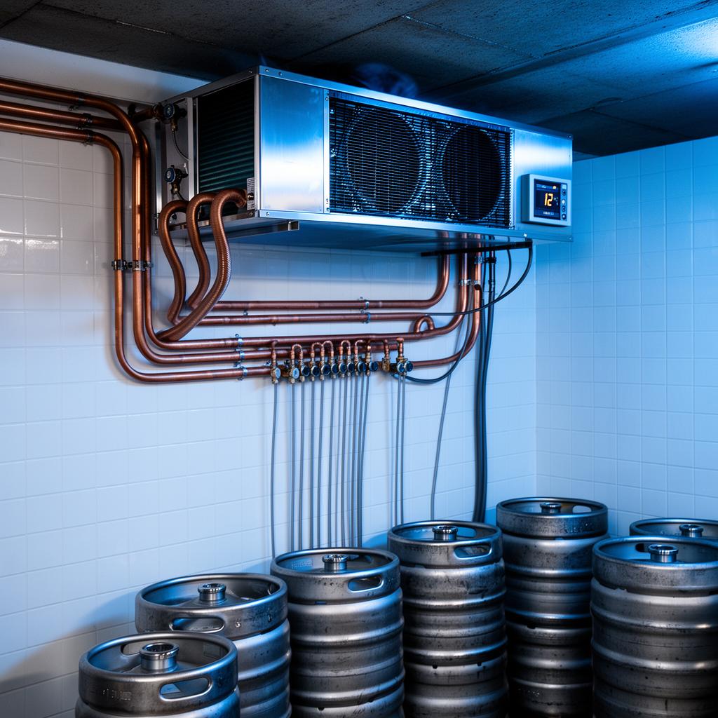 Commercial pub cellar cooling system - wall-mounted stainless steel evaporator with copper refrigerant pipework, beer python lines and digital temperature controller above stacked metal kegs.
