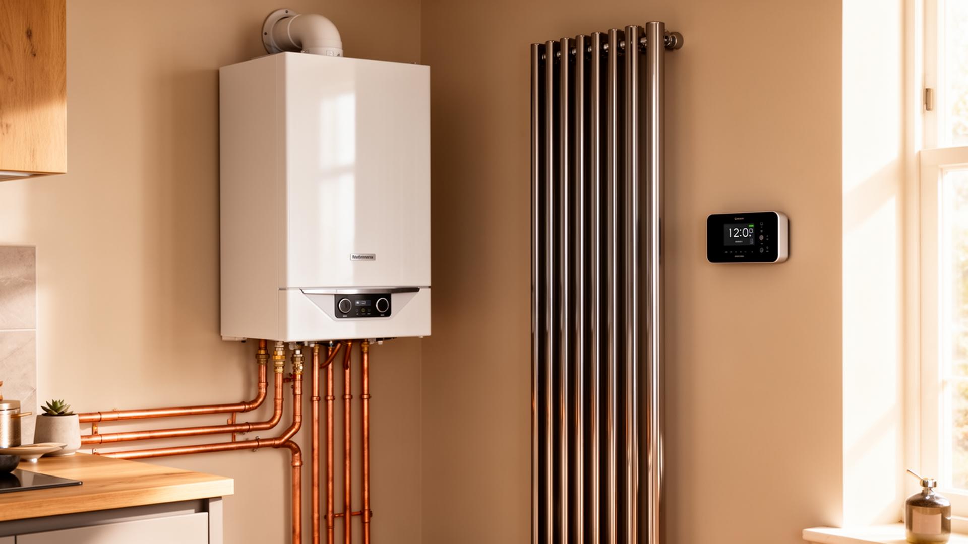 Modern wall-mounted combi boiler with copper pipework, vertical designer radiator and smart thermostat in a contemporary kitchen.