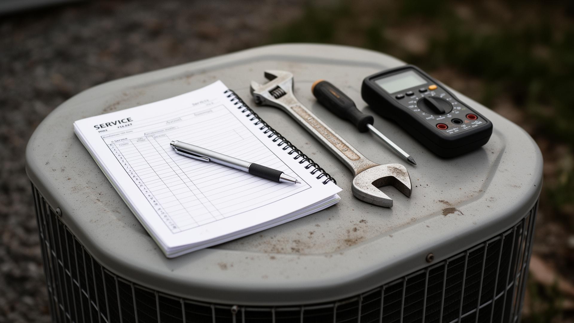 HVAC service and maintenance tools - manifold gauges, vacuum pump and service log book laid out on a clean condenser unit.