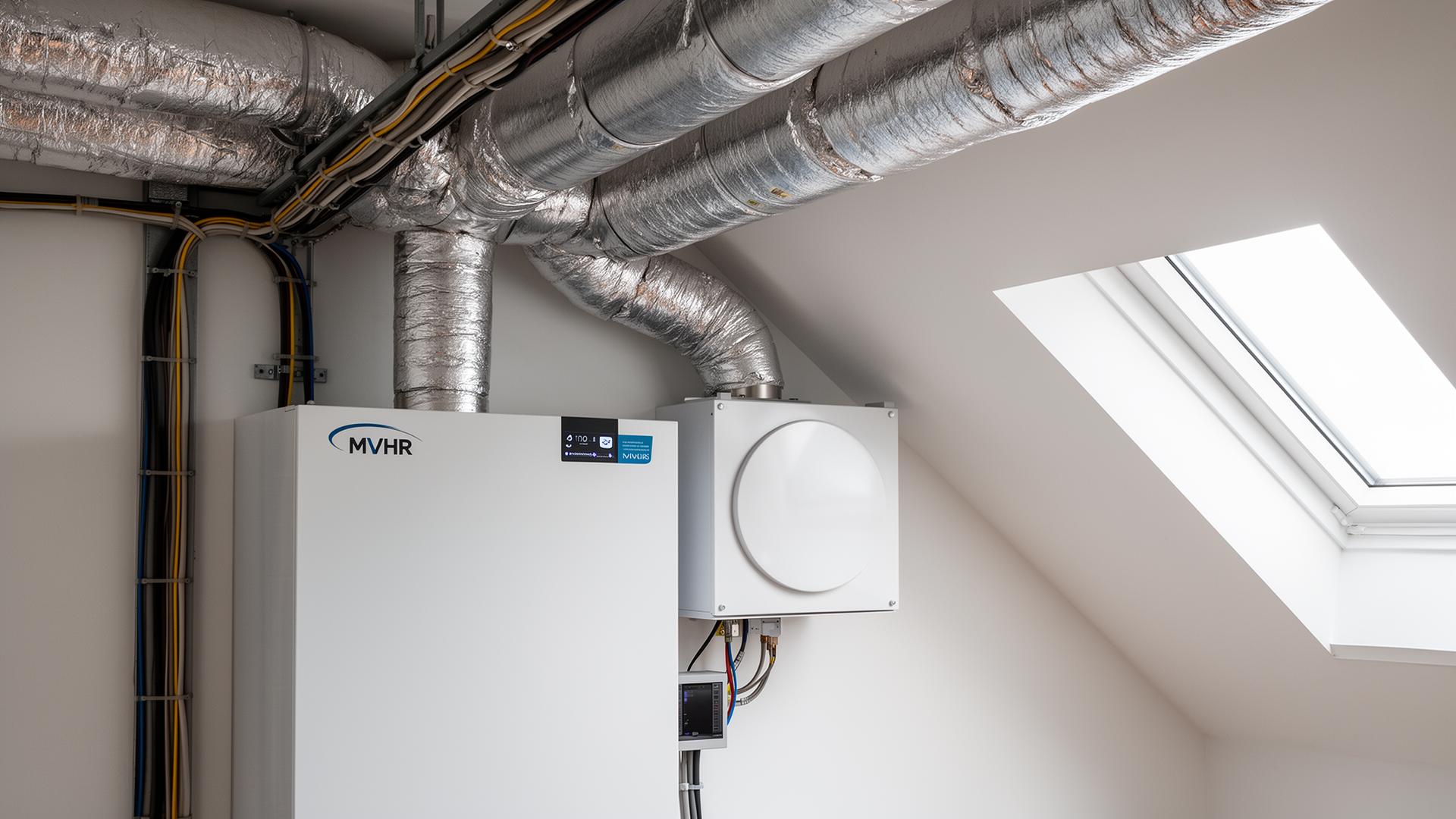 MVHR mechanical ventilation heat recovery unit with insulated ducting installed in a modern loft plant space.